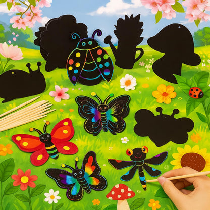 HyDren 80 Pcs Spring Scratch Cards Rainbow Flower Butterfly Scratch Paper Tea Party Theme Flower Crafts with Bamboo Stylus and Ribbon for Adult Home DIY Craft(Classic Style)