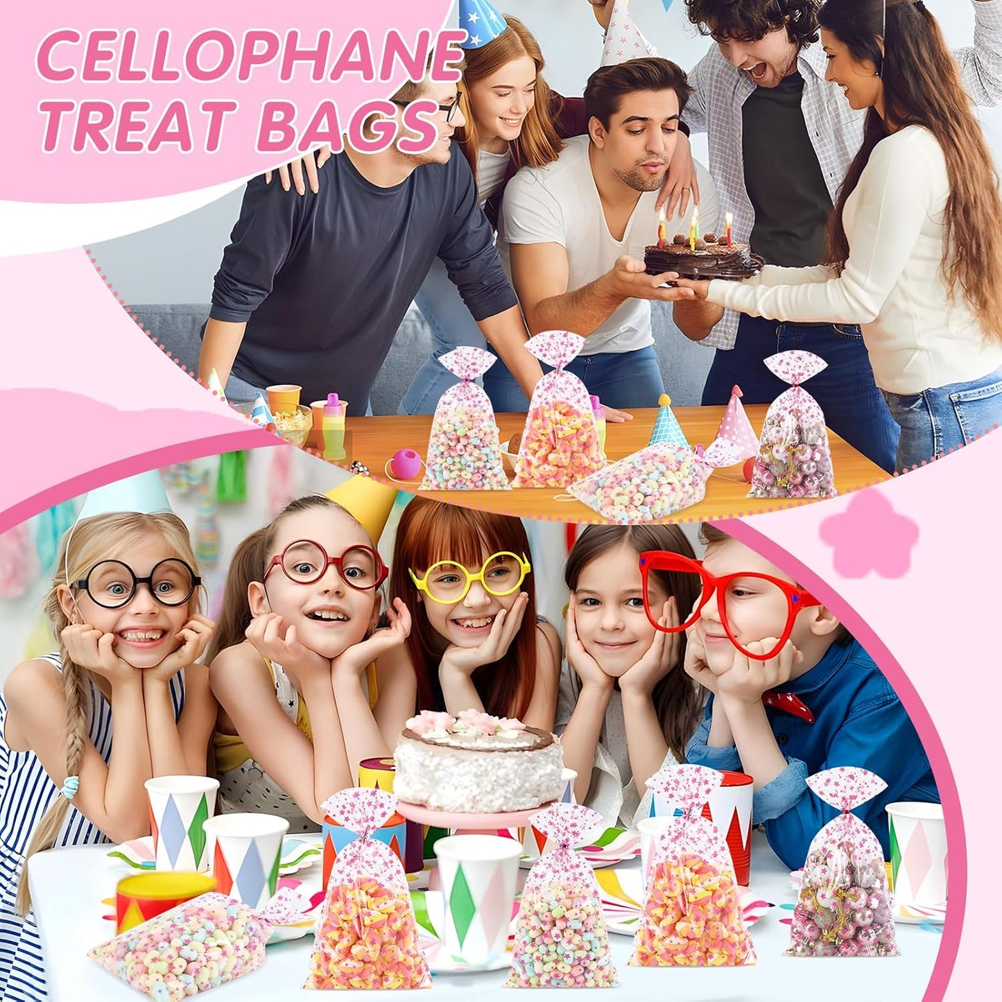100 Pcs Star Printed 5"X 7" Gift Wrap Cello Cellophane Treat Bags Party Favor bags Clear Candy Cookie Bag Plastic Poly Goodie Storage Bag with Twist Ties for Bakery,Birthday, Wedding ,Party Decorations (Gold)