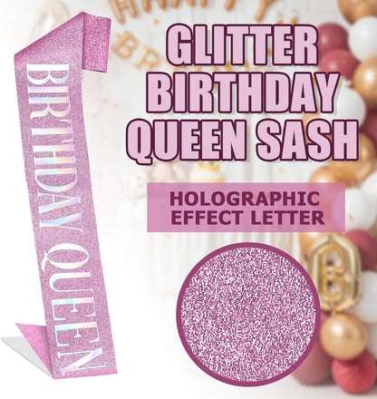 RUDONG M Birthday Queen Sash Glitter - Gold Birthday Sash for Women & Girls | Sweet 16/18th/21st/30th/40th/50th/60th/70th, All-Age Celebration Party Decor