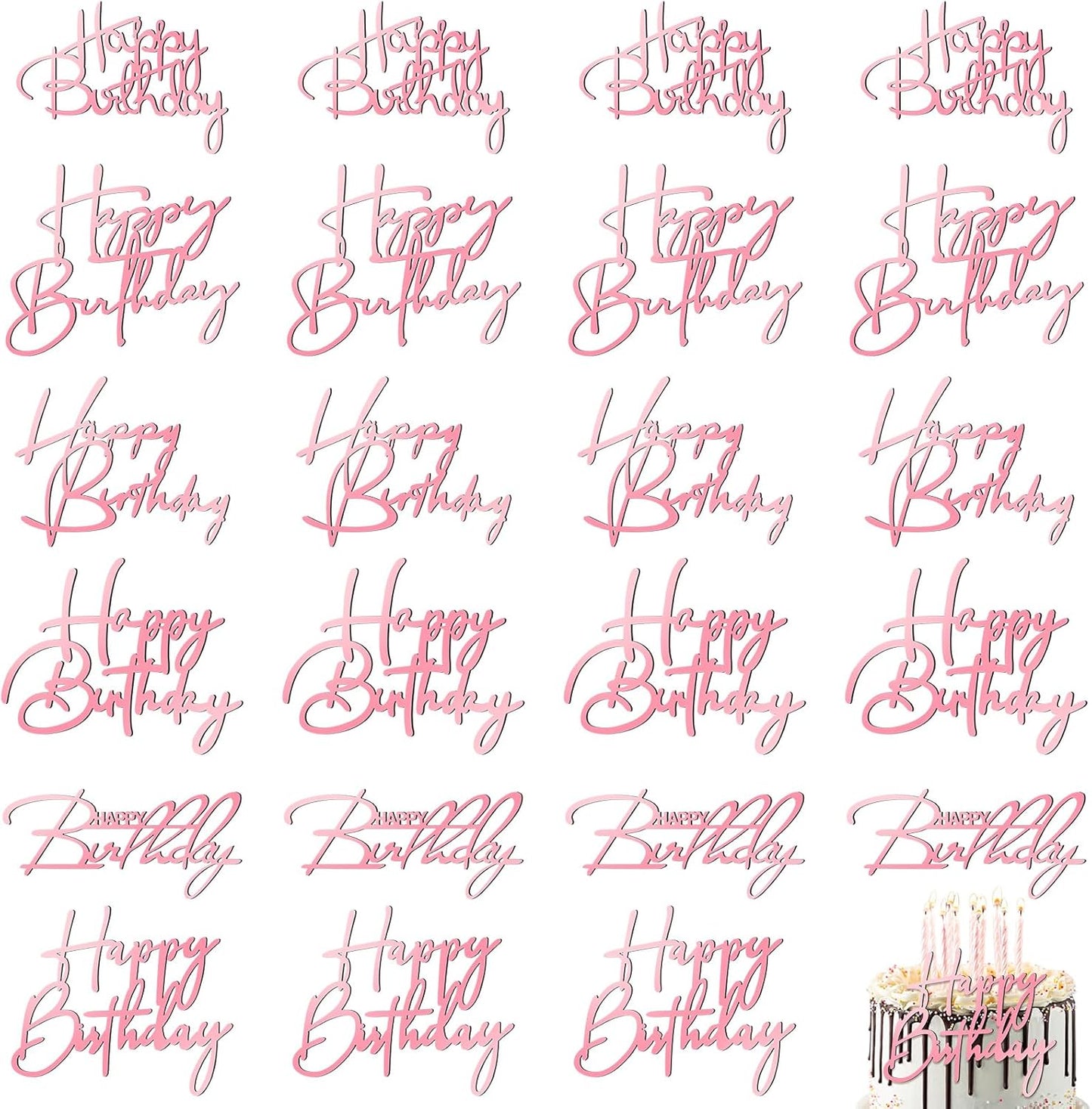 Barydat 24 Pieces Gold Happy Birthday Cake Toppers Mirror Acrylic Cupcake Topper Happy Birthday Sign for Cake Side Cupcake Decorations, 6 Styles