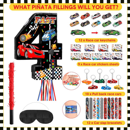 Pasimy Number 3 Piñata Race Car Party Favors Set with Black Red Birthday Piñata Stick Blindfold Slap Bracelet Keychain Sticker Racecar Party Gifts Birthday Decorations Goodie Bag Stuffer Supplies