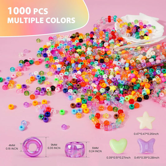 Pony Beads Glow in the Dark 1000pcs Neon Beads, Bracelet Beads 9mm Luminous Bulk Beads for Hair Braiding, Colored UV Beads for Crafts Kandi Beads Kit