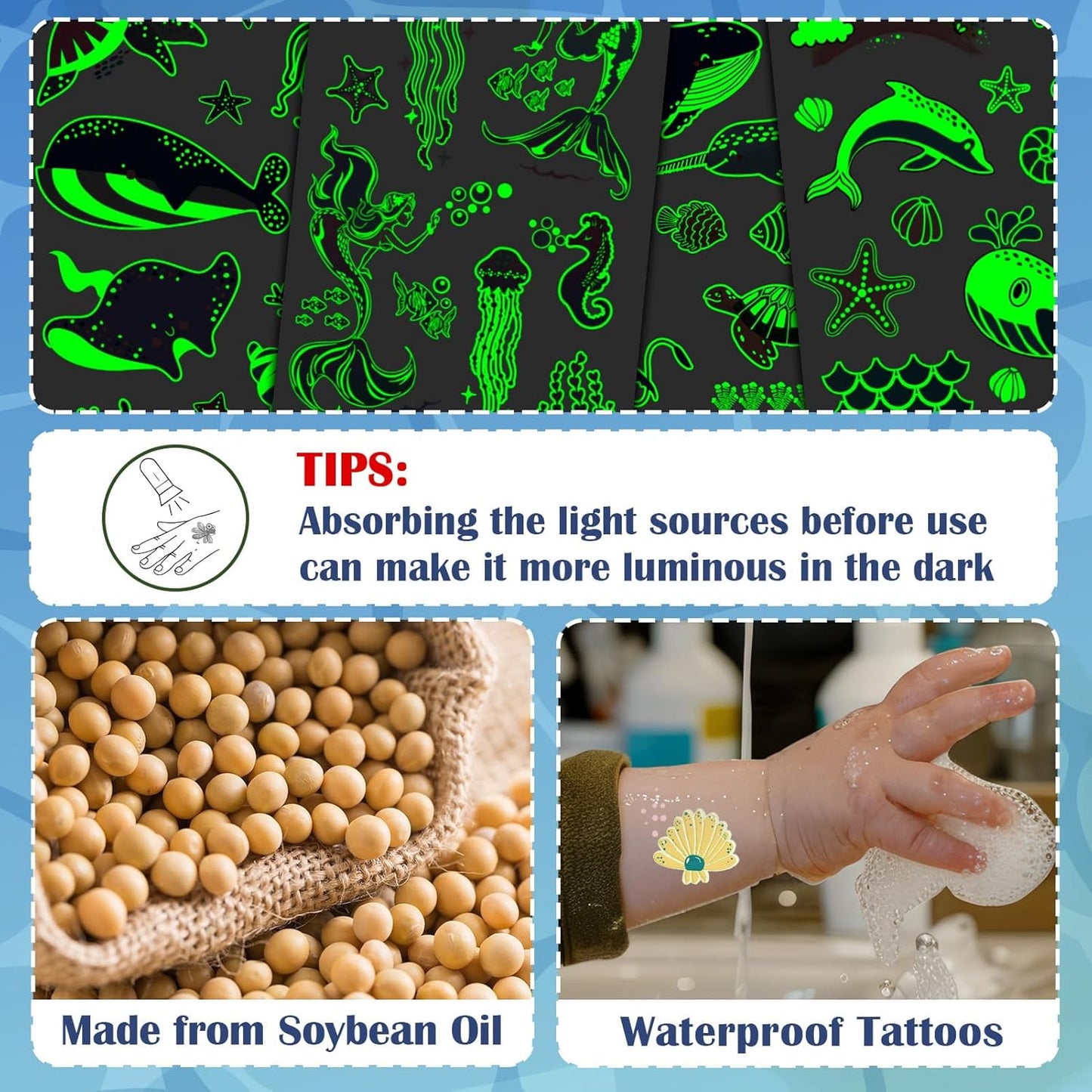 Partywind 380 Styles (30 Sheets) Luminous Tattoos for Kids, Mixed Styles Temporary Tattoos Stickers with Mermaid/Dinosaur/Space/Pirate for Boys and Girls, Glow Party Supplies