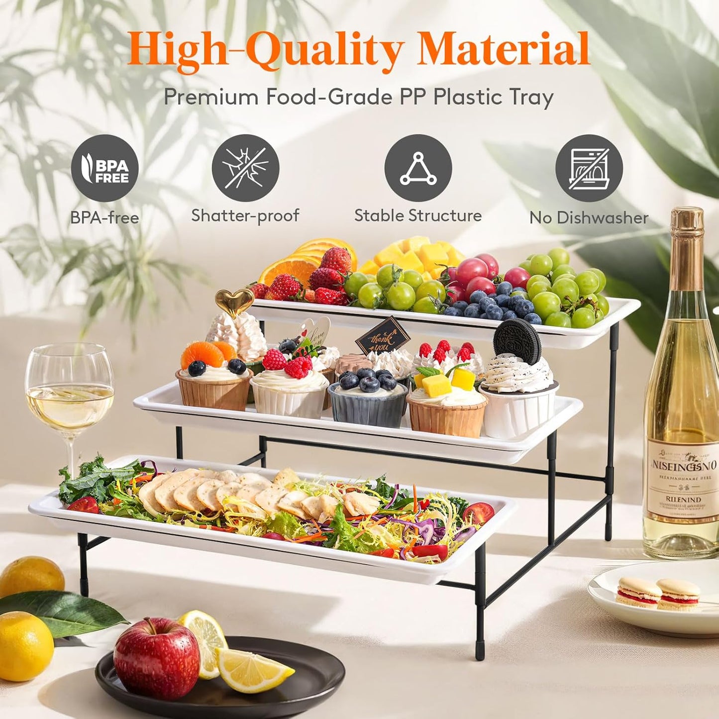 Lifewit 3 Tier Serving Tray, 30 x 17 cm/12 x 6.5" White Plastic Tiered Food Serving Platters, Tiered Tray Stand for Party with Black Collapsible Metal Stand, Dessert Display Stand for Cookies/Crackers