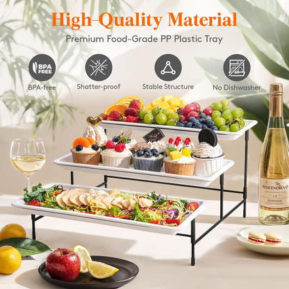 Lifewit 3 Tier Serving Tray, 30 x 17 cm/12 x 6.5" White Plastic Tiered Food Serving Platters, Tiered Tray Stand for Party with Black Collapsible Metal Stand, Dessert Display Stand for Cookies/Crackers