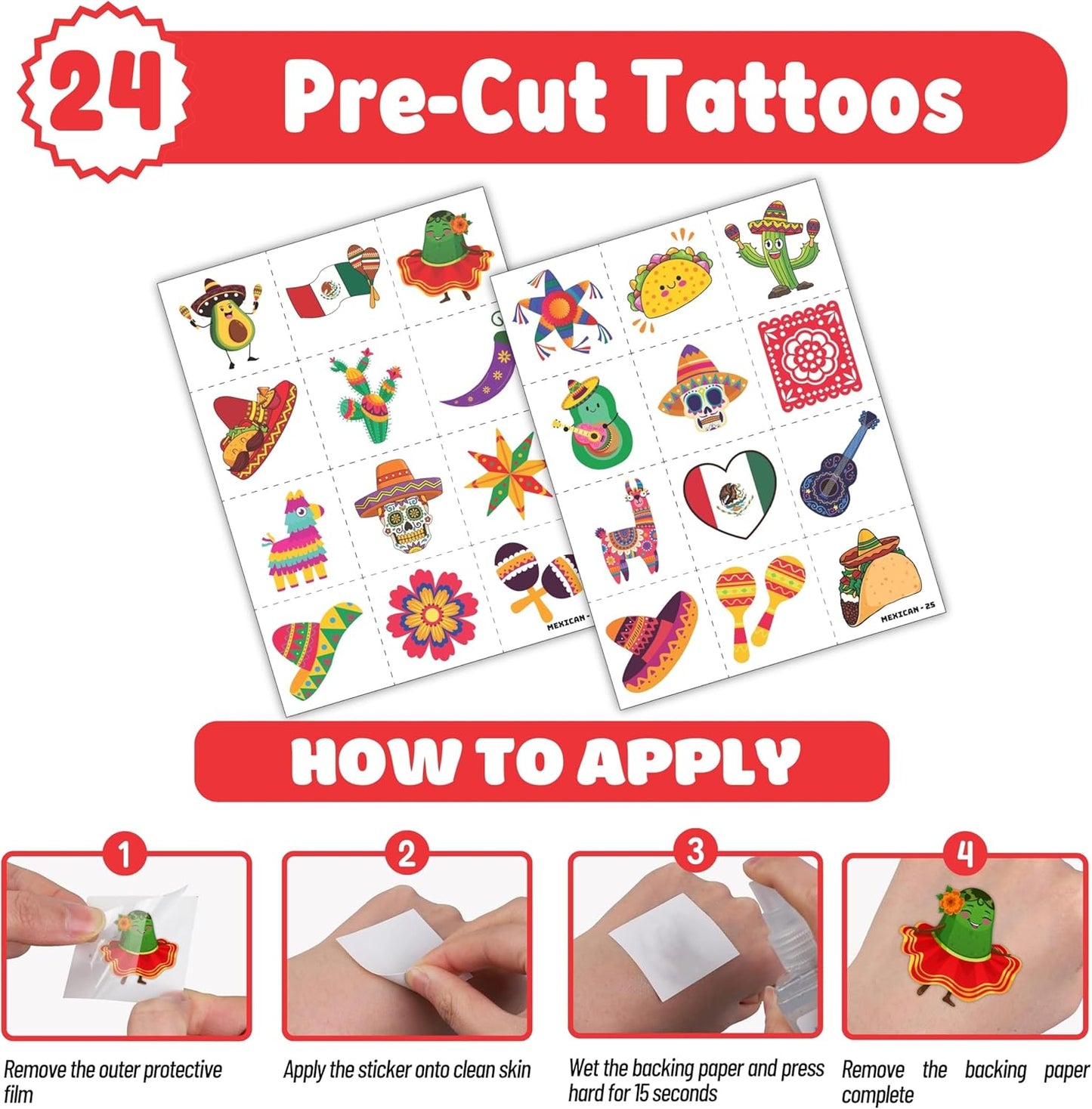 Cherisnowy 72PCS Cinco de Mayo Party Favor Set - 48PCS Temporary Pre-cut Tattoos & 24PCS Slap Bracelets - Mexican Fiesta Birthday Supplies, Baby Shower Gifts, Classroom Rewards & Party Decor for Kids