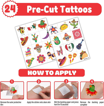 Cherisnowy 72PCS Cinco de Mayo Party Favor Set - 48PCS Temporary Pre-cut Tattoos & 24PCS Slap Bracelets - Mexican Fiesta Birthday Supplies, Baby Shower Gifts, Classroom Rewards & Party Decor for Kids
