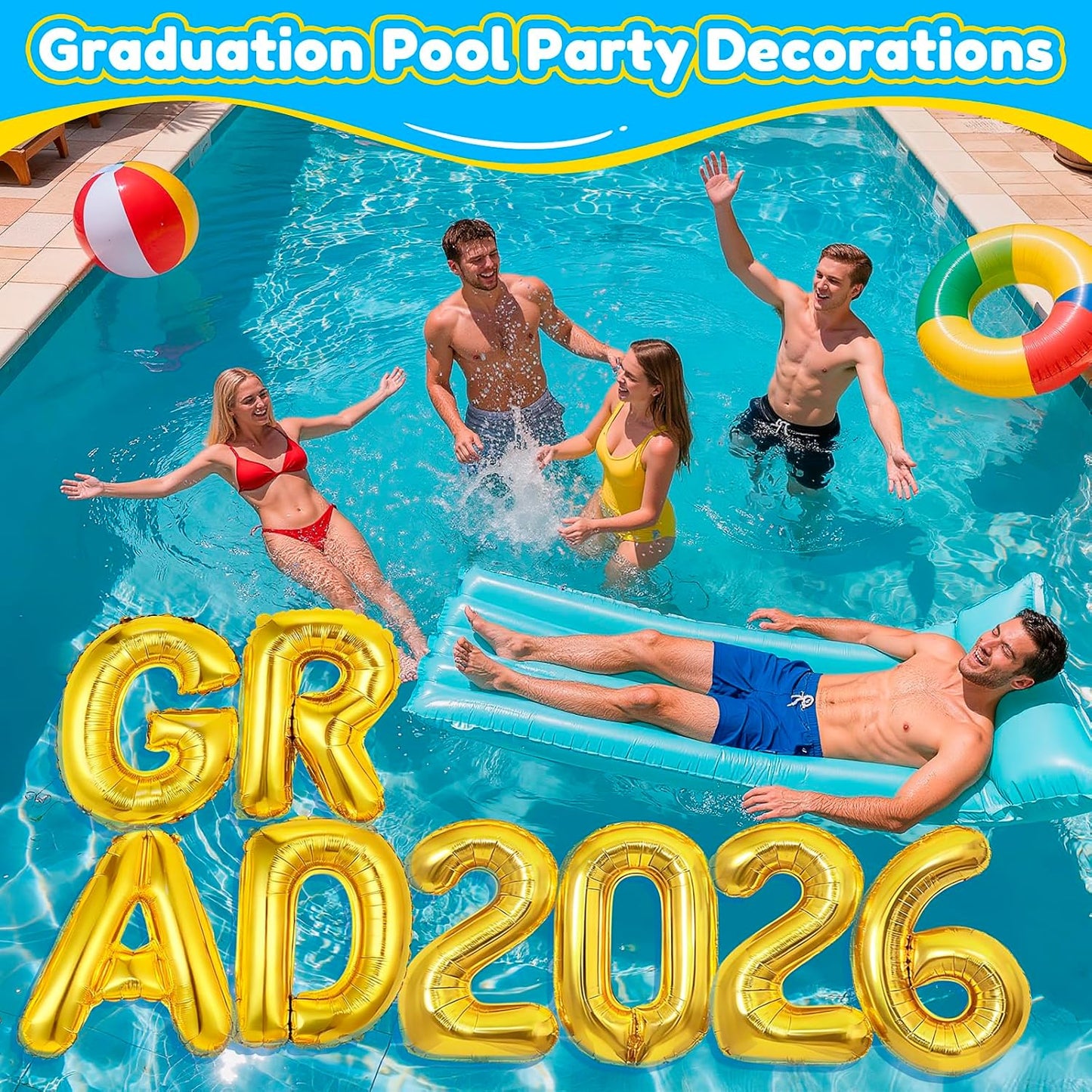 8 Pcs Grad Balloons Graduation Party Decorations - 32 Inch Large Grad 2026 Inflatable Pool Float Letters Balloons, Gold Aluminum Foil Congrats Grad Balloon for Graduation Celebration Beach Party Decor