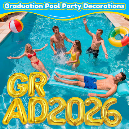 8 Pcs Grad Balloons Graduation Party Decorations - 32 Inch Large Grad 2026 Inflatable Pool Float Letters Balloons, Gold Aluminum Foil Congrats Grad Balloon for Graduation Celebration Beach Party Decor