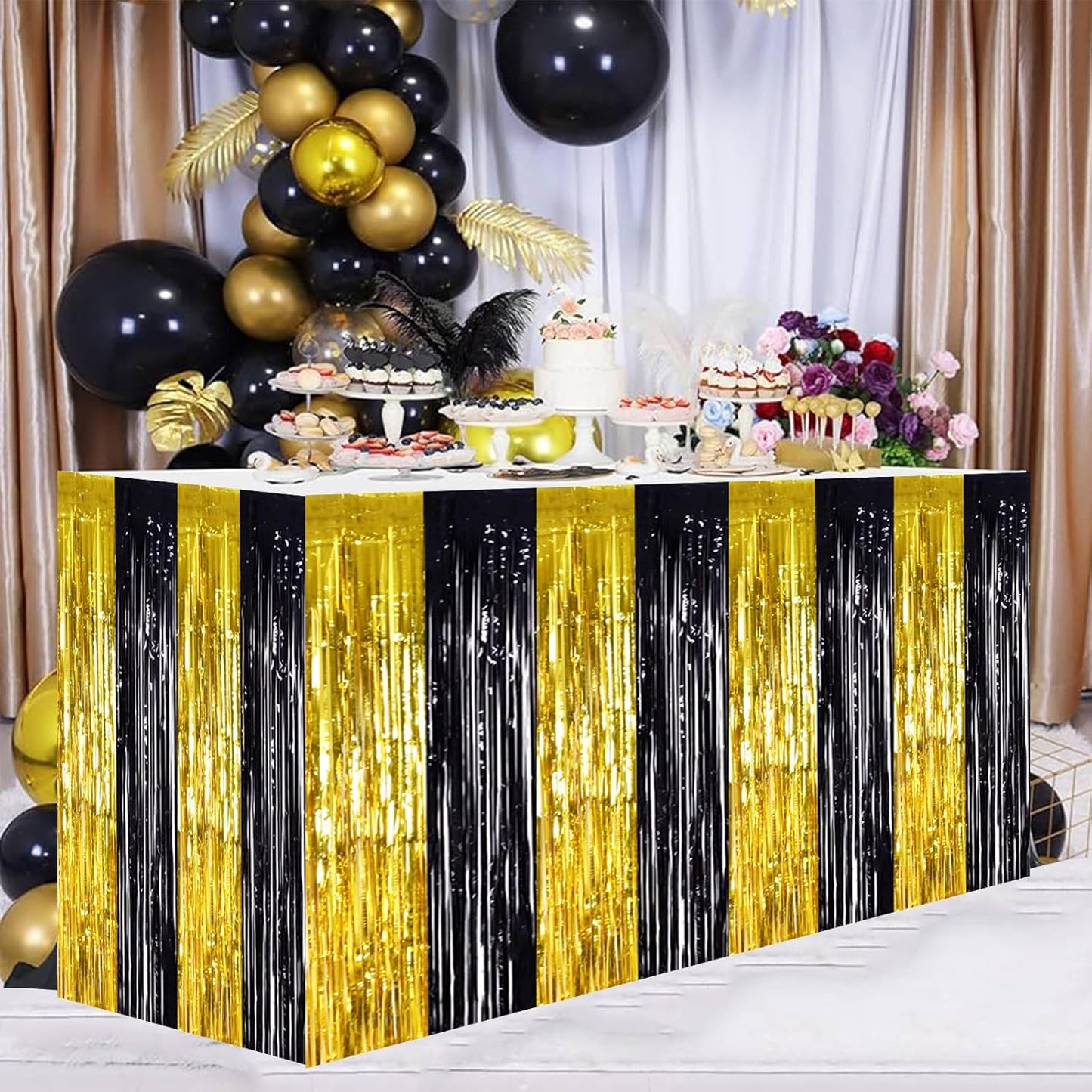 BEISHIDA 2 Pack Metallic Tinsel Foil Fringe Table Skirts for Rectangle & Round Tables Hot Pink Kids' Birthday, Holiday Cartoon Party Decorations for Birthday Valentines Baby Shower Festive Events