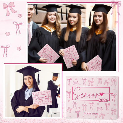 Patelai Pink Bow Graduation Guest Book Class of 2026 Party Decorations Leather Graduation Guest Signature Party Sign Gift with Pen, 112 Pages (Congrats Grad)