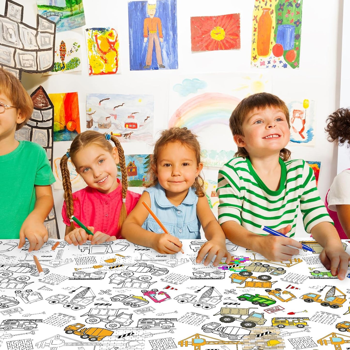 Giant Construction Party Coloring Tablecloth for Kids - Huge Construction Theme Table Cover Large Dump Truck Vehicle Painting Poster for Children Birthday Party Supplies 54x108 Inch