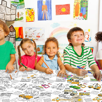 Giant Construction Party Coloring Tablecloth for Kids - Huge Construction Theme Table Cover Large Dump Truck Vehicle Painting Poster for Children Birthday Party Supplies 54x108 Inch