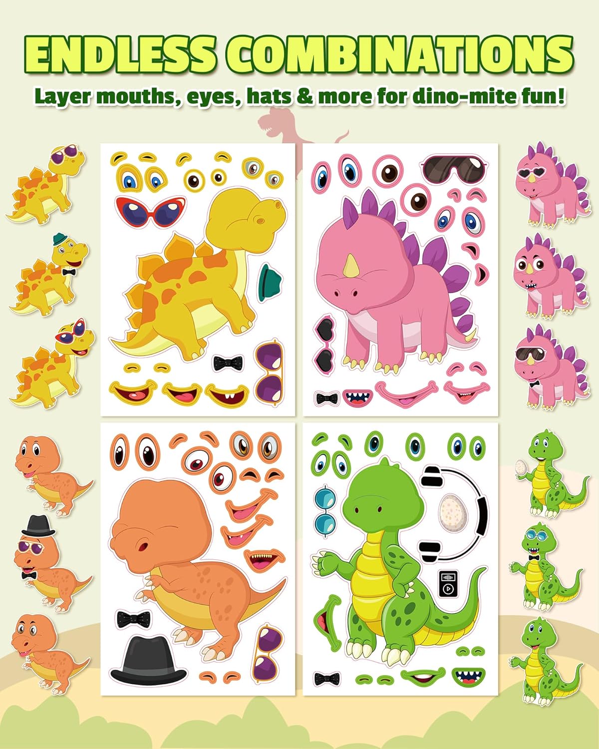 Aowplc 36 Pcs Make-A-Face Sticker Sheets Kids Party Favors Mix and Match Stickers with Dinosaurs, Mermaids, Unicorns, Horses, Farm & Sea Animals for Parties, Birthdays, Classroom Activities & Crafts