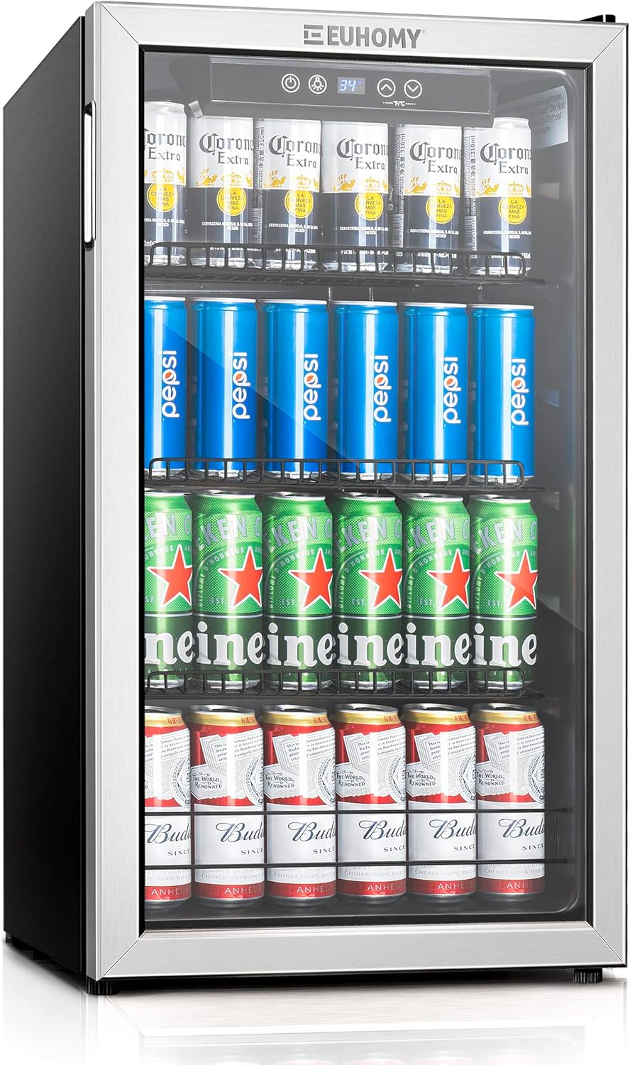 EUHOMY 4.5 Cu.ft Beverage Refrigerator and Cooler, 145 Can Mini fridge with Glass Door for Soda Beer Wine, Small Drink Dispenser with Digital Adjustable Thermostat for Home Office Bar