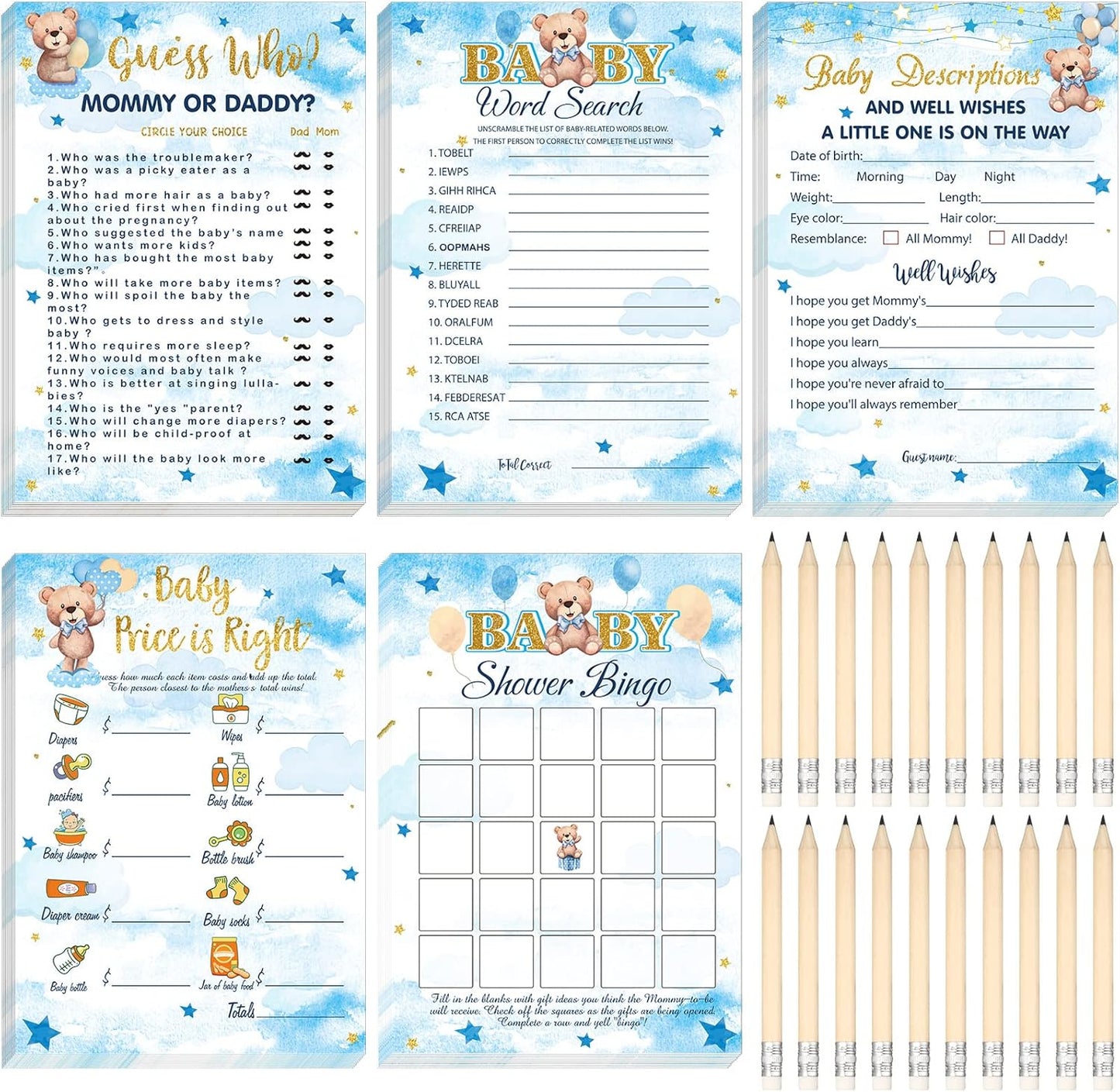 Yinder 145 Pcs Baby Shower Games Activities Cards with 20 Pencils Includes Baby Bingo Description and Wishes Guess Who Price is Right Word Scramble Game(Here Comes the Son)