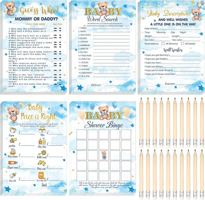 Yinder 145 Pcs Baby Shower Games Activities Cards with 20 Pencils Includes Baby Bingo Description and Wishes Guess Who Price is Right Word Scramble Game(Here Comes the Son)
