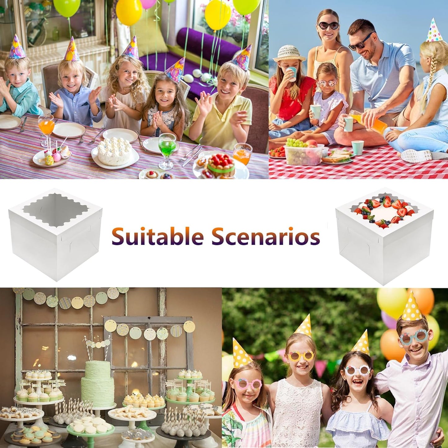10pcs Cake Boxes 12 Inch, 12x12x8in White Bakery Boxes with Window,10in 12in Cake Boxes, Large Baking Boxes,Disposable Cake Containers with Lids