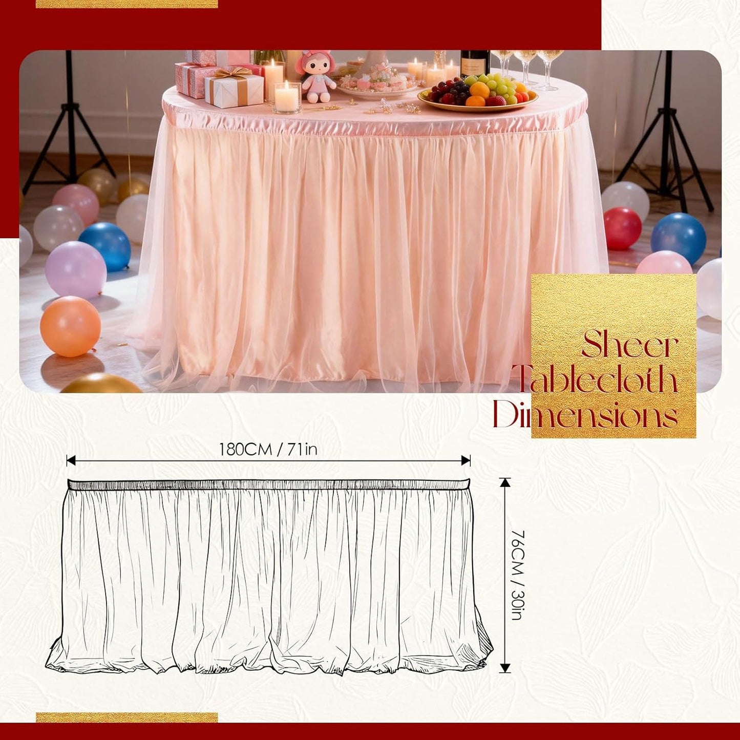 THARAHT Tulle Table Skirt 6FT 180CM Long for Rectangle Tables Round Tables Ruffle Desk Skirt for Princess Girls Birthday Party Cake Dessert Decorations Table Skirt
