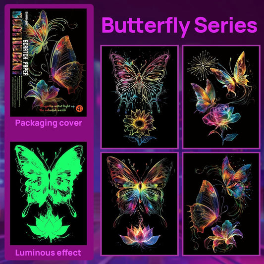 Seabed World Luminous Scratch Art Set Kit for Boys Girls Teens Magic Drawing Paper，DIY Works, Educational Classroom Attention Training Craft, Relaxation Tools, Party Supplies, Birthday Gift ﻿