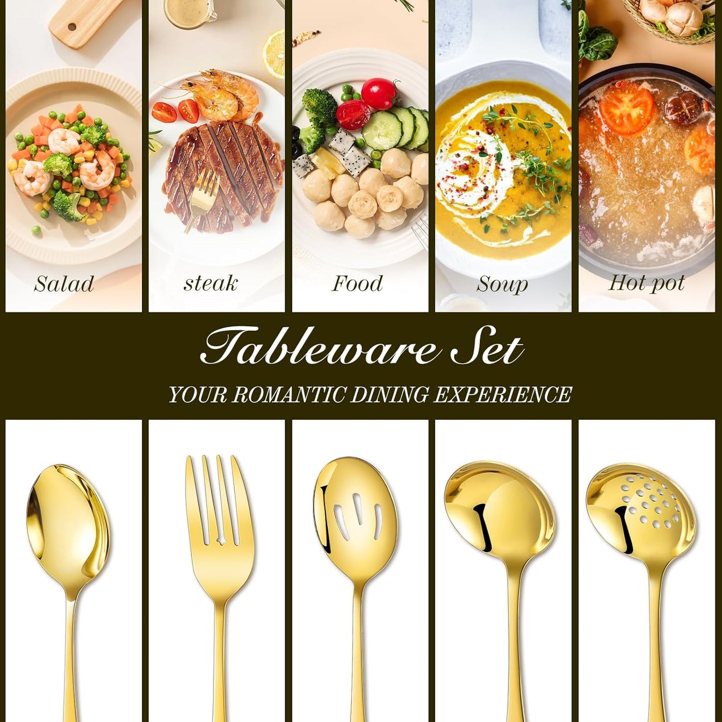 Mwellewm 17Pcs Serving Utensils, Gold Stainless Steel Serving Spoons, Slotted Spoon, Fork, Tongs, Cake Pie Server, Soup Spoon, Metal Buffet Banquet Cutlery Set for Parties Entertaining Catering