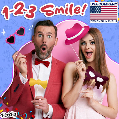 Premium Birthday Photo Booth Props Kit, 16 Black & Gold (No Glitter), Durable & Easy-to-Use Photobooth Props Signs for Memorable Photos & Unforgettable Celebrations by PixiPy