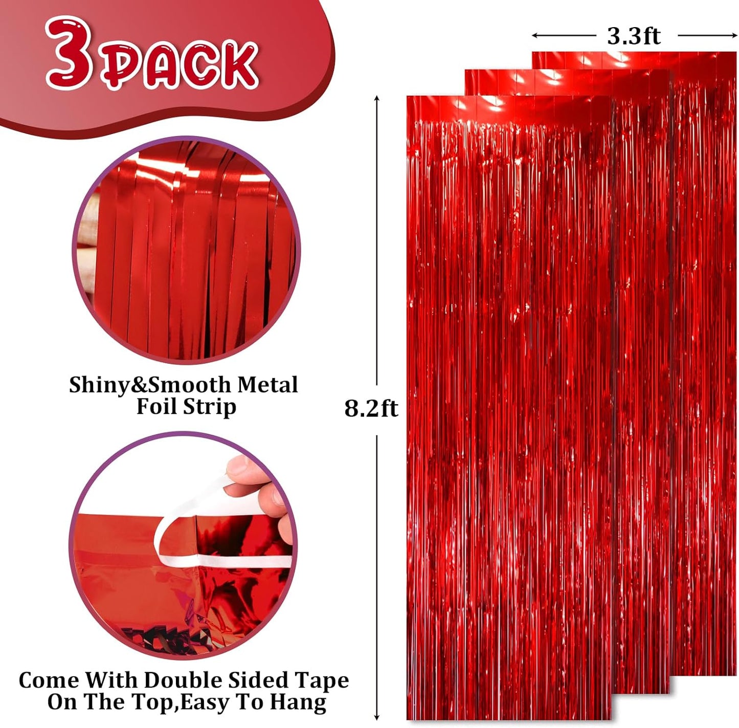 Voircoloria 3 Pack 3.3x8.2 Feet Gold Foil Fringe Backdrop Curtains, Tinsel Streamers, Fringe Backdrop for 2025 New Years Eve, Graduation, Birthday, Baby Shower, Gender Reveal, Disco Party - Colors B