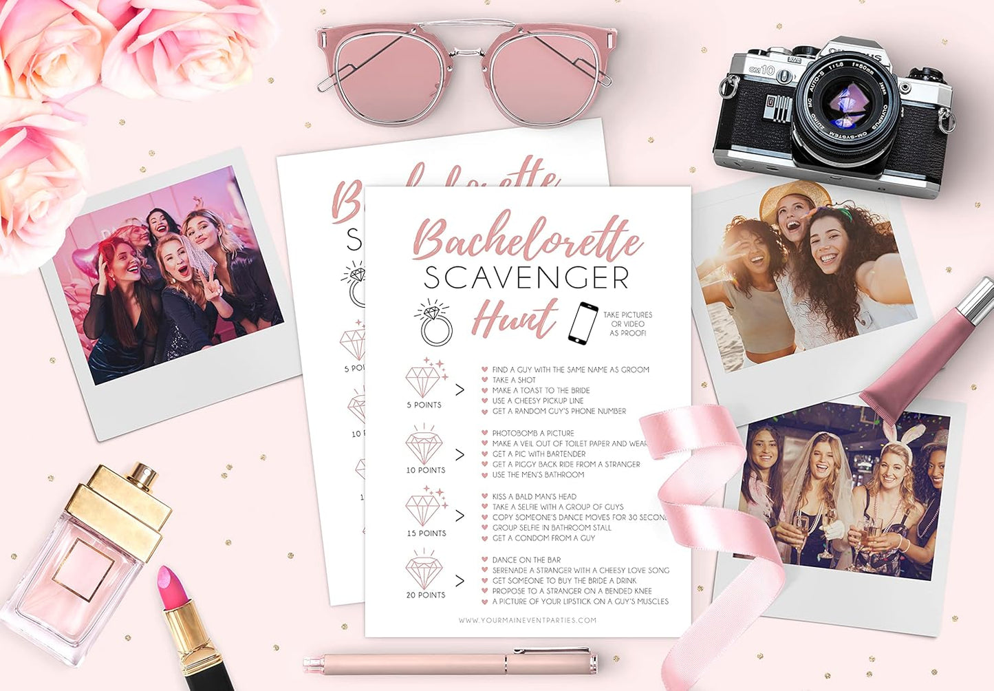 Your Main Event Prints 25 White Bachelorette Scavenger Hunt Party Games, Drinking Game and Dares, Fun Novelty Cards for Girls Night Out