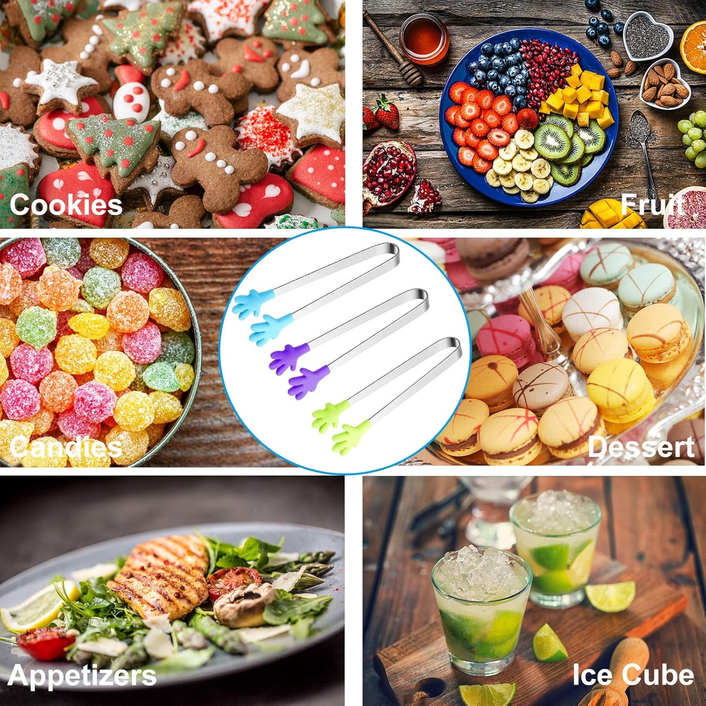 6PCS Mini Tong, Hand Shape Silicone Food Tongs, 5Inch Kid Tongs for Sugar Cubes, Serving Food, Colorful Kitchen Tongs Perfect for Kids by Hovesty