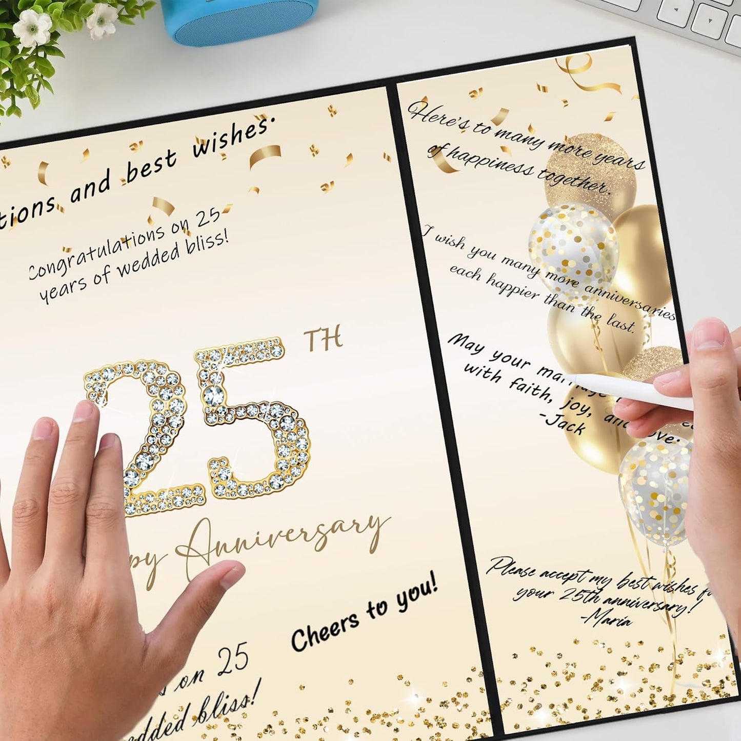 DARUNAXY Black Gold Happy Anniversary Party Decorations, Happy Anniversary Alternative Signature Guest Book Wedding 1st 10th 40th 50th Anniversary Signing Card Board Party Supplies