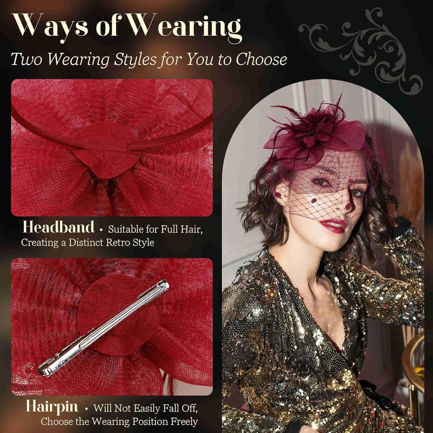 Fascinators Hats for Women Tea Party Hat Feather Mesh Headband Vintage Lace Cocktail Headwear Veil Hair Clip Church