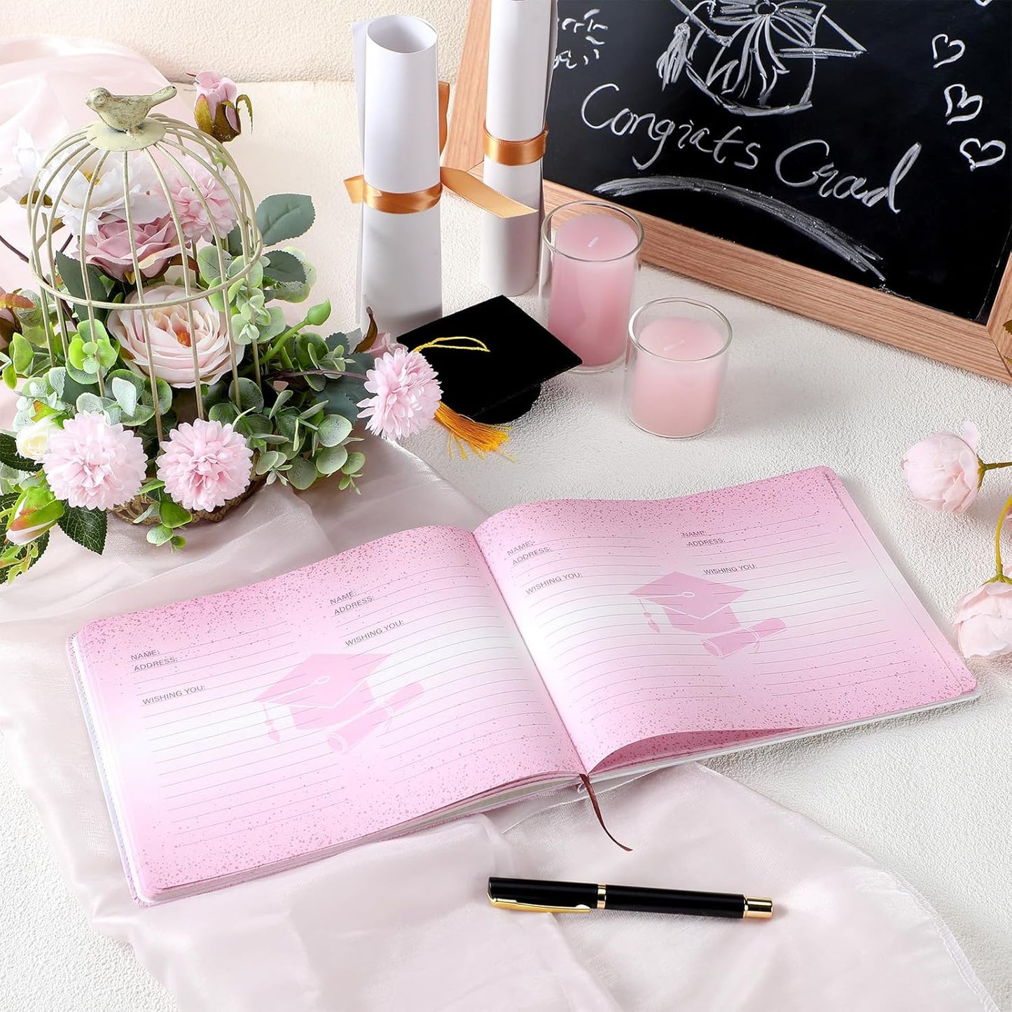 Patelai Pink Bow Graduation Guest Book Class of 2026 Party Decorations Leather Graduation Guest Signature Party Sign Gift with Pen, 112 Pages (Congrats Grad)
