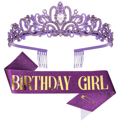 CIEHER Birthday Girl Crown and Sash - Rose Gold Tiara Birthday Decorations for Women and Girls