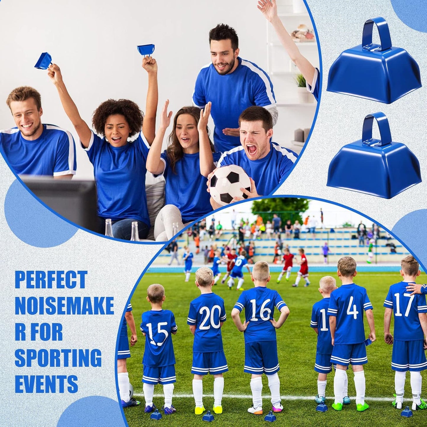 Zhengmy 24 Pcs Metal Cowbells Noisemakers with Handles, Cow Bells Noise Makers for Sporting Events 3 Inch Bulk Cheering for Football Baseball Games Team Wedding Celebrations(Blue)