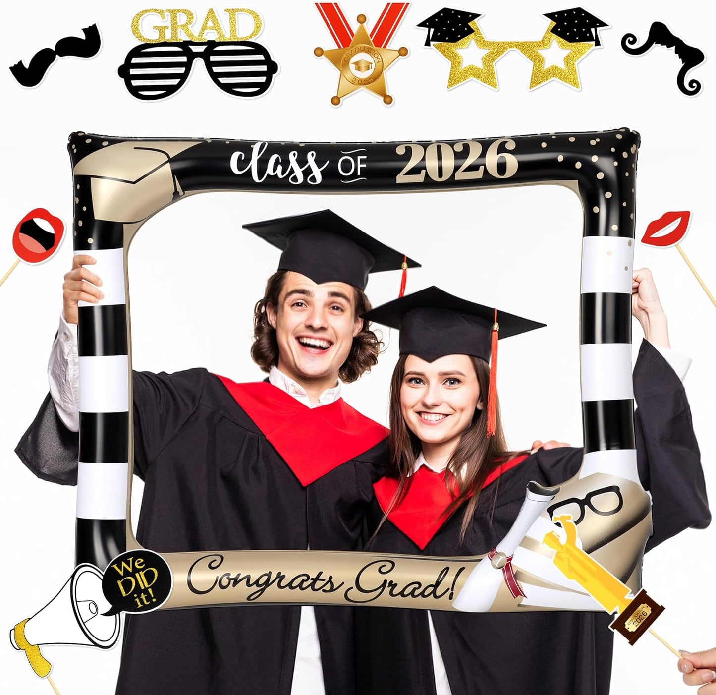 POPGIFTU Class of 2026 Graduation Photo Booth Frame, Inflatable Selfie Frame 31" x 24", Black Gold Congrats Grad Photo Booth Props for Graduation Party Decorations 2026