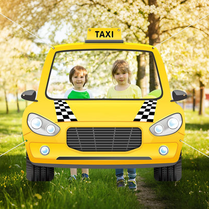 Fabric 59 x 54.5 Inch Car Themed Party Decoration Taxi Themed NYC Photo Booth Yellow Cab Background Taxi Selfie Backdrop Black and White Checkered Decor for Birthday Baby Shower Party Supplies