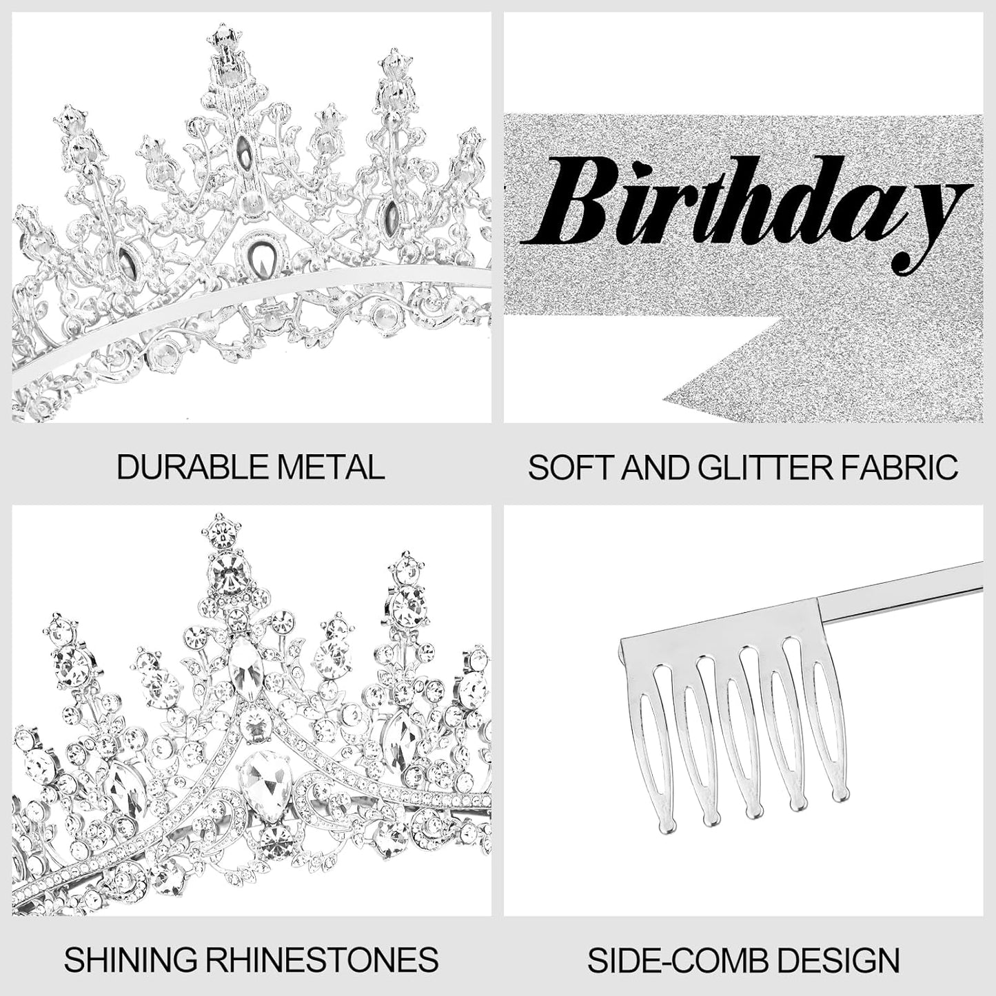 CURASA Birthday Tiara and Sash - Silver Birthday Crown for Women, Perfect for Parties and Celebrations