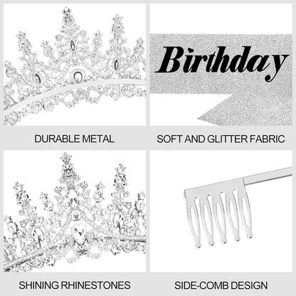 CURASA Birthday Tiara and Sash - Silver Birthday Crown for Women, Perfect for Parties and Celebrations