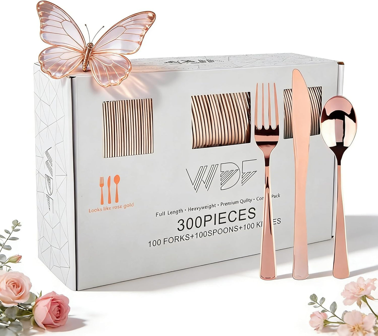 WDF300 Pieces Gold Plastic Silverware - Heavy Duty Disposable Cutlery Set Plastic Gold Silverware Set Includes 100 Forks, 100 Spoons, 100 Knives for Party Baby Shower Wedding Spring