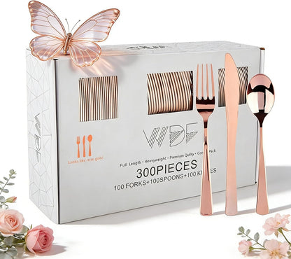 WDF300 Pieces Gold Plastic Silverware - Heavy Duty Disposable Cutlery Set Plastic Gold Silverware Set Includes 100 Forks, 100 Spoons, 100 Knives for Party Baby Shower Wedding Spring