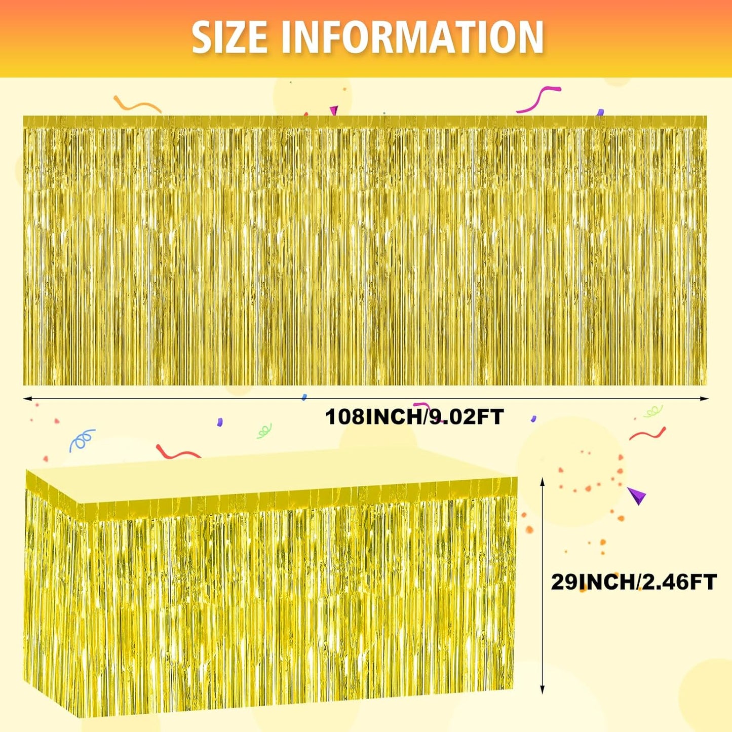 2 Pack 29.5x108 Inch Silver Foil Tinsel Fringe Table Skirts, Disposable Table Skirts for Rectangle Tables Curtains Backdrop Parade Wedding Floats Baby Shower Birthday Mardi Gras Party
