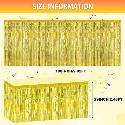 2 Pack 29.5x108 Inch Silver Foil Tinsel Fringe Table Skirts, Disposable Table Skirts for Rectangle Tables Curtains Backdrop Parade Wedding Floats Baby Shower Birthday Mardi Gras Party