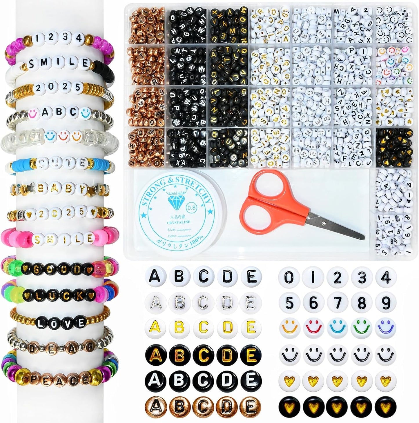 Amaney 1400pcs Glow Letter Beads, Heart Beads Whit Elastic Beading Cord,4x7mm Round Acrylic Alphabet Beads for Friend Bracelet Jewelry Making
