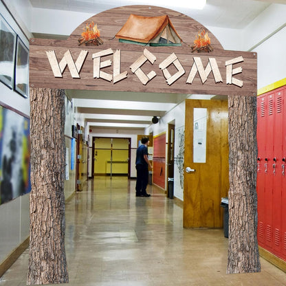 Peryiter 3 Pcs Camping Themed Party Decorations Banner Welcome Porch Sign with 1 Double Sided Tape for Summer Camp Birthday Hawaii Baby Shower Themed Party Activity Decor door (Forest Style)