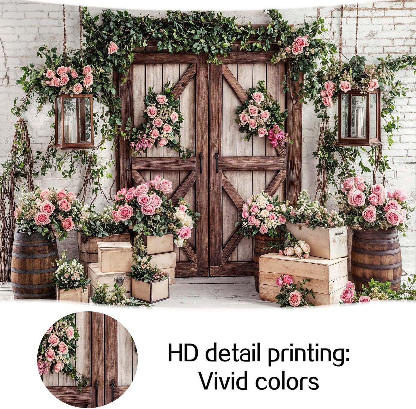 10x8ft Country Wedding Photography Backdrop Rustic Barn Door Photography Backdrop Farmhouse Pink Flower Cabin Wooden Birthday Baby Shower Wedding Bridal Party Banner Photo Booth Props Background