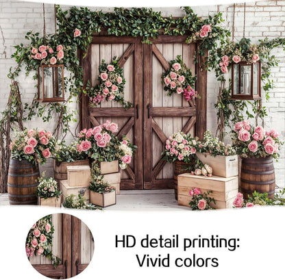 10x8ft Country Wedding Photography Backdrop Rustic Barn Door Photography Backdrop Farmhouse Pink Flower Cabin Wooden Birthday Baby Shower Wedding Bridal Party Banner Photo Booth Props Background