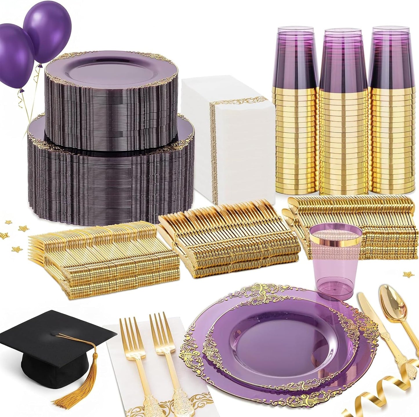 Nervure 350PCS Gold Plastic Plates - Gold Plastic Dinnerware Sets for 50 Guests - 100 Disposable Plates, 150 Silverware, 50 Cups, 50 Napkins for Wedding & Party & Mothers Day