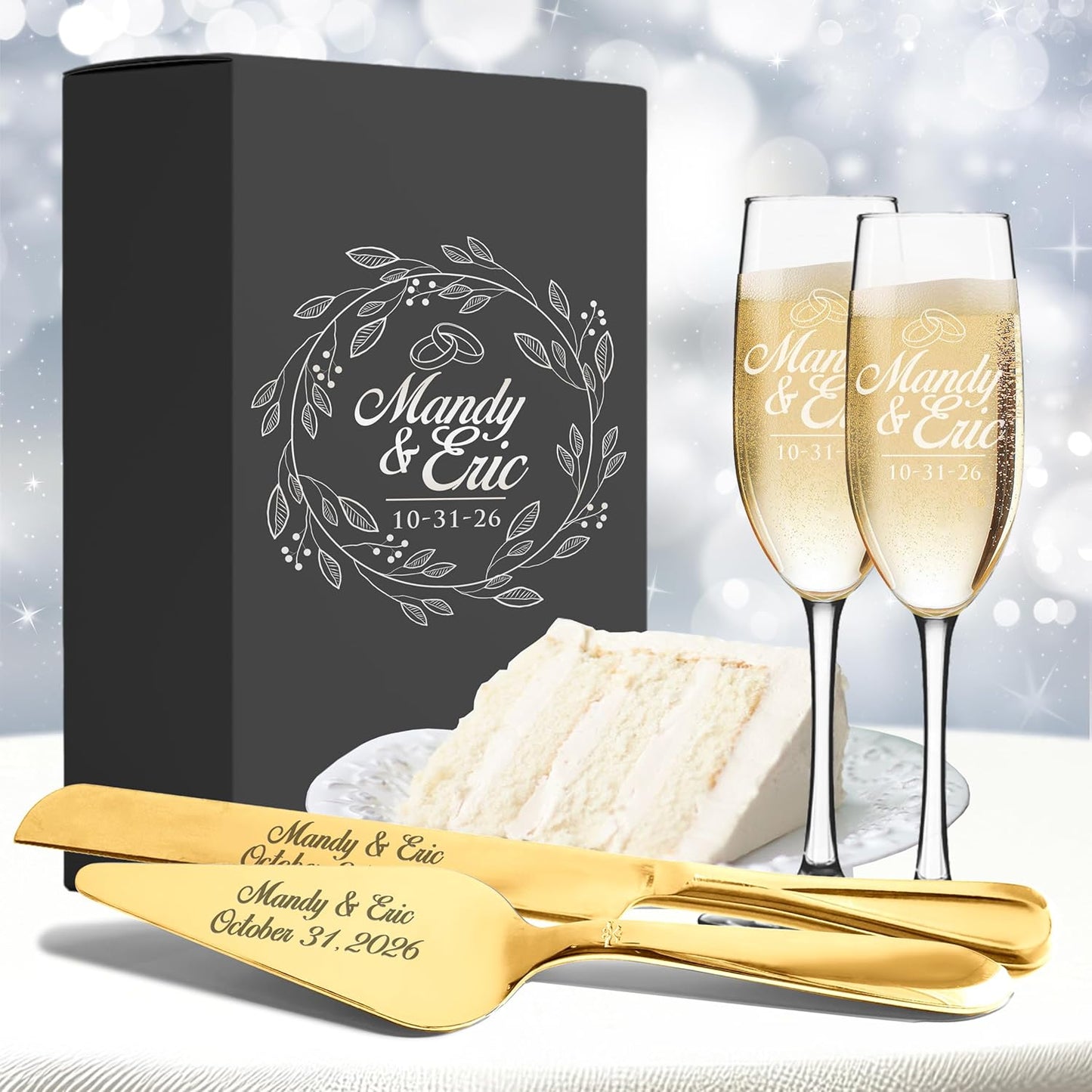 My Personal Memories Personalized Engraved Cake Server Gift Set with Matching Custom Champagne Toasting Flutes
