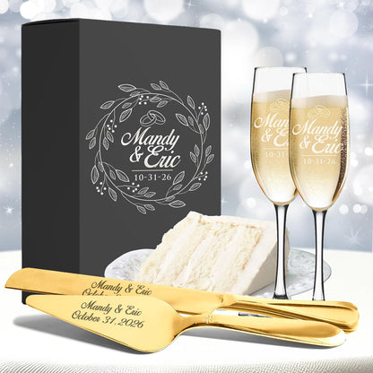 My Personal Memories Personalized Engraved Cake Server Gift Set with Matching Custom Champagne Toasting Flutes