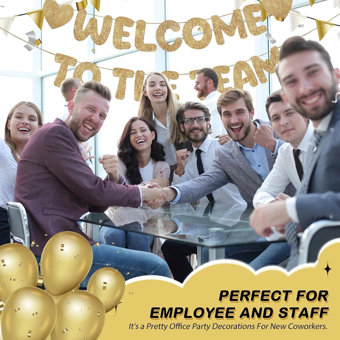 Fulmoon Pre Strung Welcome to The Team Banner with Two Heart Signs, NO DIY, Glitter Welcome Party Supplies for New Employee, Coworker, Colleague, Staff, Team Member Office Decorations(Champagne Gold)